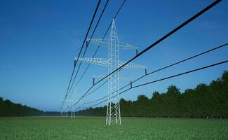 Electric grid delivering high voltage electricity using wires over blue sky. Energy flowing through industrial equipment cables hanging on power pylon, 3D render animation photo