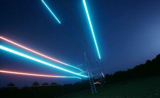 Energy stream flowing through steel tower high voltage power lines over night sky. Electric cables transmitting electricity obtained from sustainable sources, 3D render animation photo