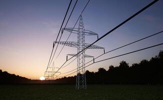 Industrial energy tower with overhead power lines over sunset horizon sky. Renewable sources electricity travelling inside web of interconnected electric cables, 3D render animation photo