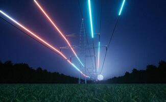 Visualization of energy flowing through grid wires used in electric transmission and distribution. Metal tower high voltage electrical cables over night sky during full moon, 3d render animation photo