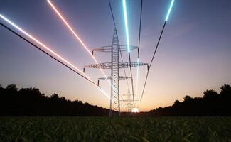 energía corriente fluido mediante acero torre alto voltaje poder líneas terminado amanecer horizonte cielo. eléctrico cables transmitiendo electricidad adquirido desde sostenible fuentes, 3d hacer animación foto