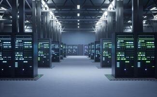 Operational server clusters in computer network security data storage facility. Mainframes providing processing power and memory resources for tedious workloads, 3D render animation photo