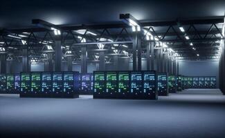 High tech facility designed to ensure critical data is stored and processed in secure, reliable, and highly available manner. Servers requiring massive computational firepower, 3D render animation photo