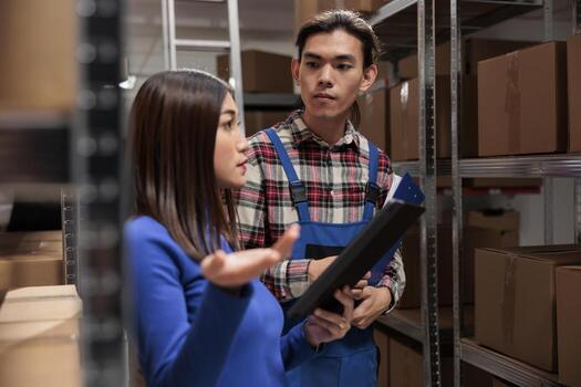 Warehouse supervisor explaining parcel storing quality control to coworker. Storehouse employees doing order fulfillment while using inventory management software digital tablet photo