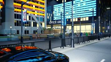 Nighttime downtown city roads with cars in motion driving past enterprise office buildings. Urban environment with esplanades illuminated by lamp posts, 3d render animation photo