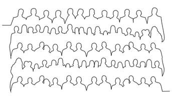 Image of crowd silhouette, group of people, sports team. Fans, admirers, students, audience, public, viewers, watcher. One solid continuous line style vector