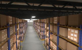 Empty warehouse filled with boxed goods having labels printed on, ready to be shipped to customers worldwide, 3D render. Aerial shot of stockroom shelves full of stacked merchandise parcels photo