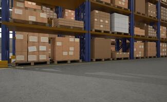 3D rendering of racks in distribution center filled with cardboard parcels ready to be mailed to clients worldwide. Warehouse workplace with shelves full of cached merchandise wares photo