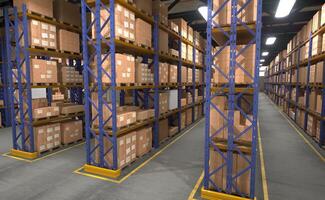 Racks in fulfillment center filled with cardboard boxes stock ready to be shipped to customers worldwide, 3D render. Big empty storage hub with shelves full of stored merchandise wares photo