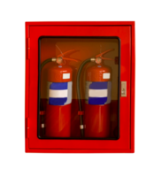 twee op de muur gemonteerd brand brandblussers in een gemakkelijk beschikbaar geval. geïnstalleerd Aan de muur van een binnen- kantoor Aan een transparant achtergrond met knipsel pad. png