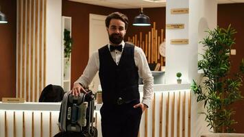 Portrait of happy smiling bellboy standing by luggage trolley in travel resort lounge. Cheerful elegant professional hotel staff employee standing at check in reception desk photo