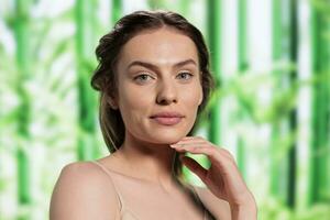 Beautiful smiling woman with fresh skin after using herbal facial cosmetics portrait. Attractive young skincare treatment model holding hand under chin and looking at camera photo