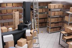 Empty huge distribution warehouse equipped with high shelves fill with cardboard boxes, online orders ready for delivering. Interior of new large and modern storehouse space with nobody in it photo