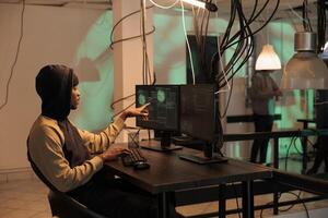 Cyber security, developer coding antivirus program, data encryption. African american it specialist programming app, cybersecurity technology, malware development, computer system protection photo