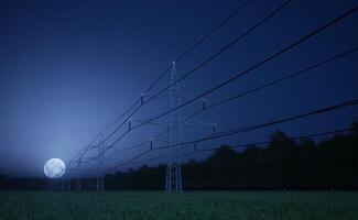 Electrical grid interconnected network used for electricity delivery with power lines over full moon night sky. Industrial energy transmission pylon with electric cables, 3D render animation photo