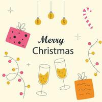 Merry Christmas card with glasses of champagne, gifts and garland vector