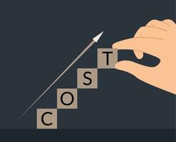 Cost reduction concept. Hand placing a wooden cube with the word cost and white up arrow vector