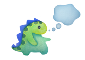 cut out talking dinosaur in watercolor style, dialog cloud with empty copy space. Clipart speech bubbles with stains and children's cute character. dialogue, thoughts, idea on transparent background png