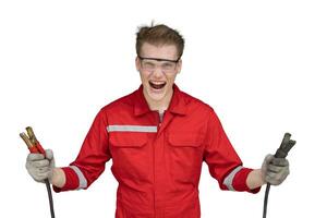 Mechanic male electricity man with charging battery clamps clips tool isolated on white background photo