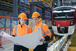 Electric train engineer mechanic staff team worker looking system plan for maintenance schedule check train running service in train factory workshop. photo