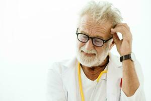 Senior elderly doctor scientist stressful unsolved problem thinking gesture closeup on white background. photo