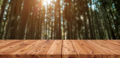 Blur deep forest pine black wood in high mountain with blank wooden board for adventure products advertising montage background photo