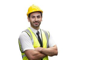 latin indian engineer foreman smiling. happy business worker in safety helmet looking camera confident arm crossed on white background with clipping path photo