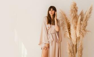 Elegant woman in stylish bohemian silk kimono posing over white background in studio with pampas grass decor. photo