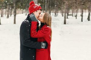 Young  happy loving couple on natural winter park  background. Close up portrait. Romantic mood. photo