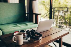 Handsome hipster man with beard using lap top at home photo