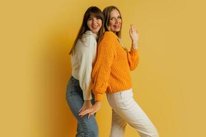 Studio photo of two pretty woman in cozy sweaters posing over yellow background.  Autumn and winter fashion trends.