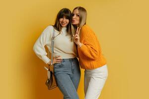 estudio foto de dos bonito mujer en acogedor suéteres posando terminado amarillo antecedentes. otoño y invierno Moda tendencias