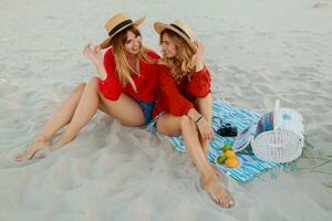 dos bonito mujer en rojo verano atuendo abd Paja sombreros disfrutando picnic en el playa. verano humor. foto