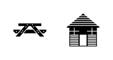 Picnic of Table and Wood Cabin Icon vector