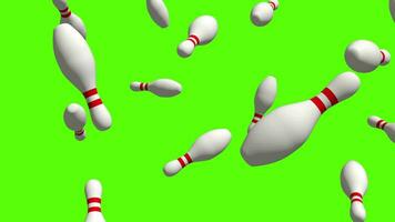 bowling achtergrond. vallend wit en rood bowling pinnen over- groen scherm of chroma sleutel. regen van bowling pinnen aan de overkant de scherm video