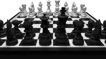 caméra tournant autour le échiquier tandis que en jouant le ouverture de le reine gambit. le Jeu de échecs. noir et blanc échecs pièces sur échiquier. stratégie, intelligence et Jeu concept. video