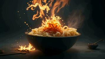 Ai generative, a bowl of noodles with fire and chopsticks video