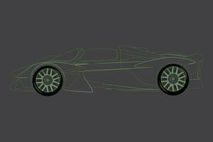 Green neon glowing in the dark electric car with the concept of forming the car body. Fast EV silhouette. Vector illustration