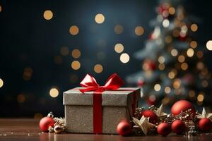 Ai Generative Background of christmas tree and red gift box on a christmas empty background with copy space photo