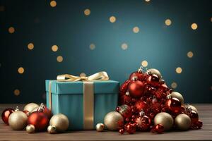 Ai Generative Background of christmas tree and red gift box on a christmas empty background with copy space photo