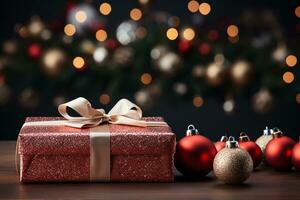 Ai Generative Background of christmas tree and red gift box on a christmas empty background with copy space photo