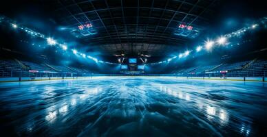 Hockey stadium, empty sports arena with ice rink, cold background - AI generated image photo