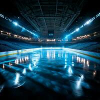Hockey stadium, empty sports arena with ice rink, cold background - AI generated image photo