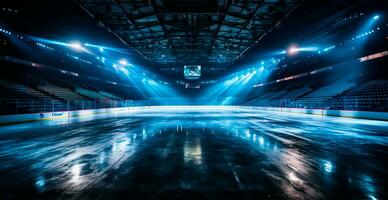 Hockey stadium, empty sports arena with ice rink, cold background - AI generated image photo