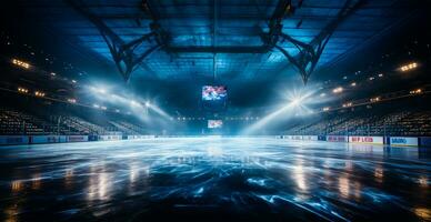 hockey estadio, vacío Deportes arena con hielo pista, frío antecedentes - ai generado imagen foto