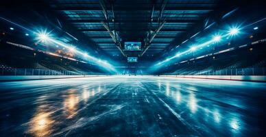 Hockey stadium, empty sports arena with ice rink, cold background - AI generated image photo