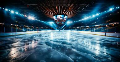 Hockey stadium, empty sports arena with ice rink, cold background - AI generated image photo