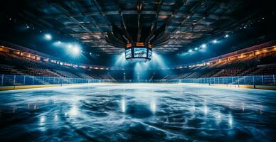 Hockey stadium, empty sports arena with ice rink, cold background - AI generated image photo