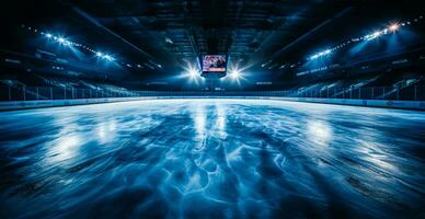 Hockey stadium, empty sports arena with ice rink, cold background - AI generated image photo