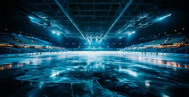 Hockey stadium, empty sports arena with ice rink, cold background - AI generated image photo